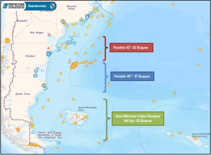 Posicionamiento de la flota pesquera extranjera en el Área Adyacente a la ZEEA, Islas Malvinas e Islas Georgias del Sur correspondiente al día 12 de diciembre de 2025. Imagen1