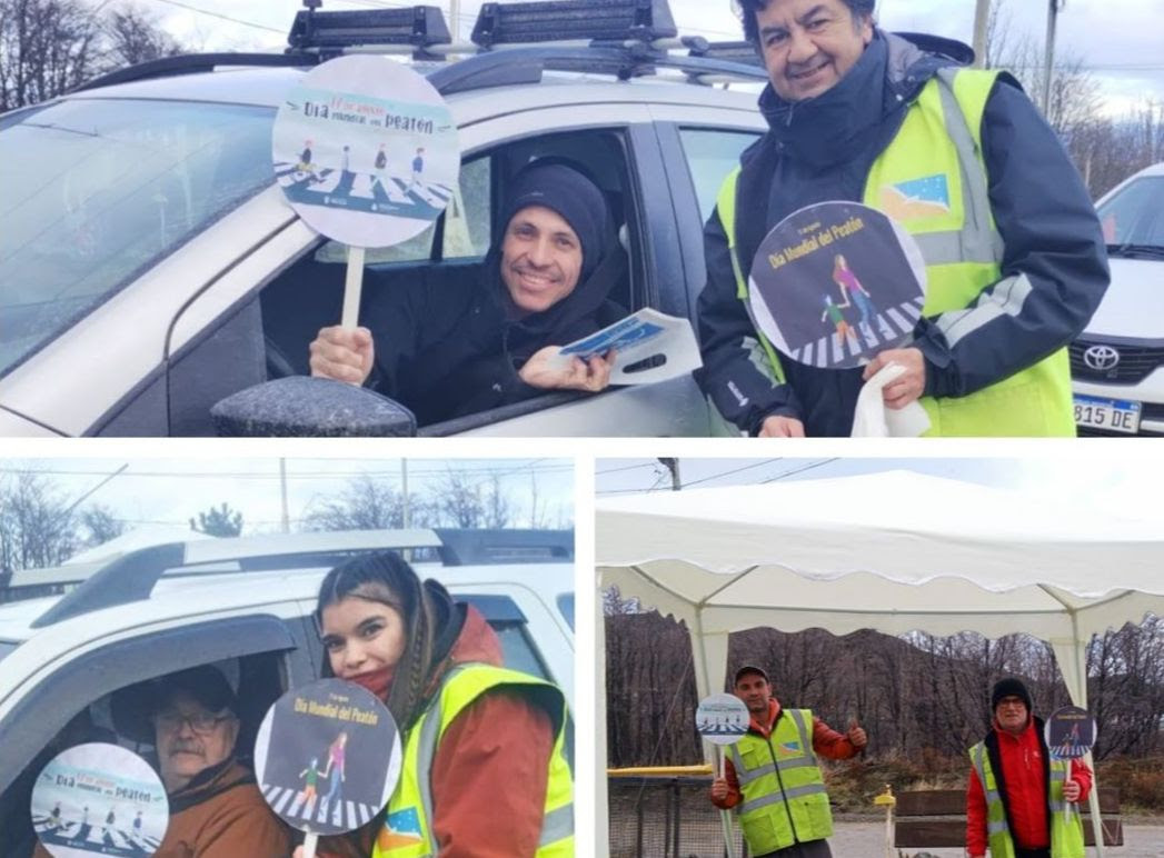 Un collage muestra imágenes de la campaña de concientización en el marco del Día Mundial del Peatón: personal de la Subsecretaría de Seguridad Vial entregando folletería a los conductores y el stand que se preparó para llevar a cabo la campaña.