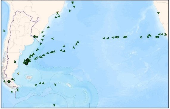 Gráfico de la situación de los buques pesqueros extranjeros en navegación provenientes del Océano Atlántico Sur que posiblemente arriben a milla 201.