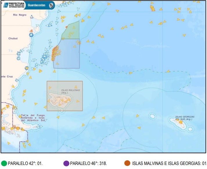 Posicionamiento Flota Pesquera Extranjera en el Área adyacente a la ZEEA, Islas Malvinas e Islas Georgias del Sur correspondiente al día 14-01-2025.