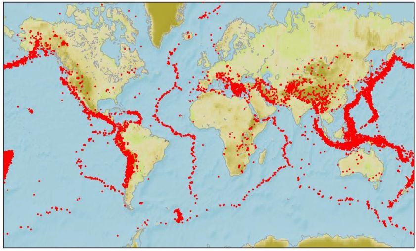 Figura 7: Los círculos rojos indican los epicentros de los sismos con una magnitud mayor o igual a 4, en un período de cinco años
