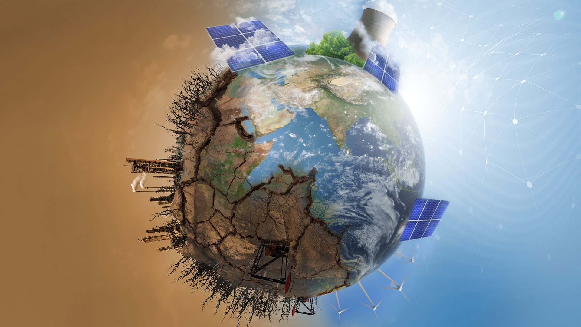 Ilustración: el planeta tierra dividido por el mundo seco con energías sucias versus el mundo con energía limpia