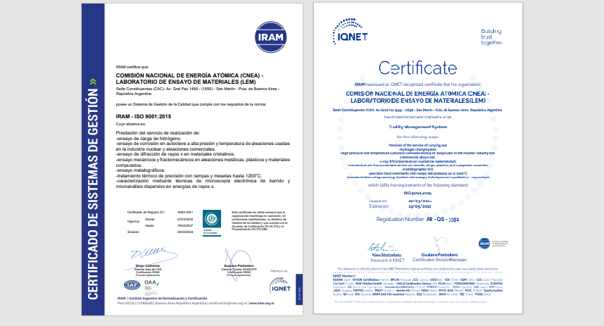 El Laboratorio de Ensayo de Materiales de la CNEA está certificado bajo la norma ISO 9001:2015