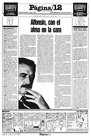 Primera contratapa escrita por Soriano y publicada en su primer número, el 26 de mayo de 1987. Escribió desde 1987 hasta su muerte en 1997. Fuente: Página/12.