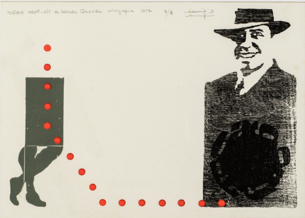 Posible identi-kit de Carlos Gardel, Edgardo Vigo (1972). Xilografía y troquelado 37 x 55 cm. Colección Museo Nacional del Grabado