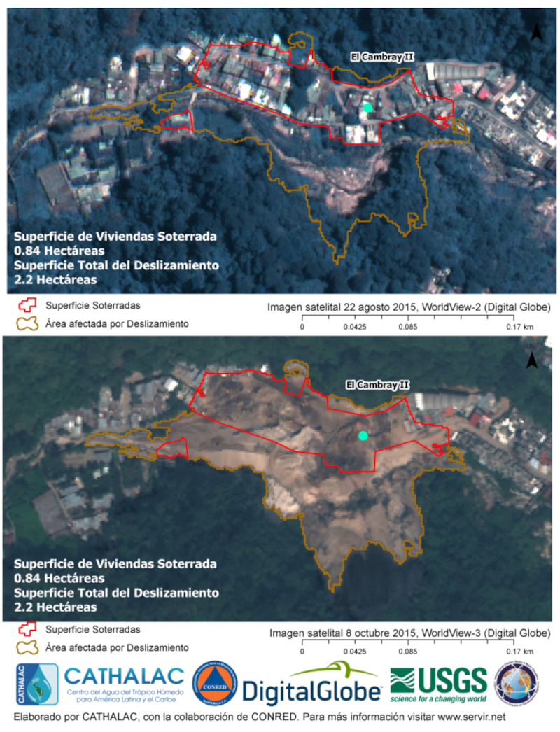 Producto generado por el Charter/Carta Internacional, sobre el deslizamiento de tierra ocurrido en la colonia El Cambray II, en el municipio de Santa Catarina Pinula, Guatemala, el 1 de octubre de 2015, con destrucción de residencias y numerosos fallecidos.