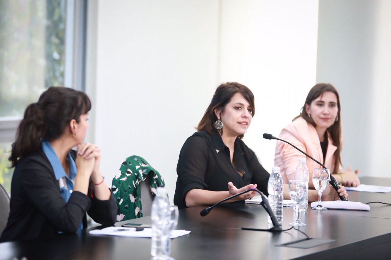 Victoria Donda expone sentada en el panel de la presentación del Mapa en Chaco