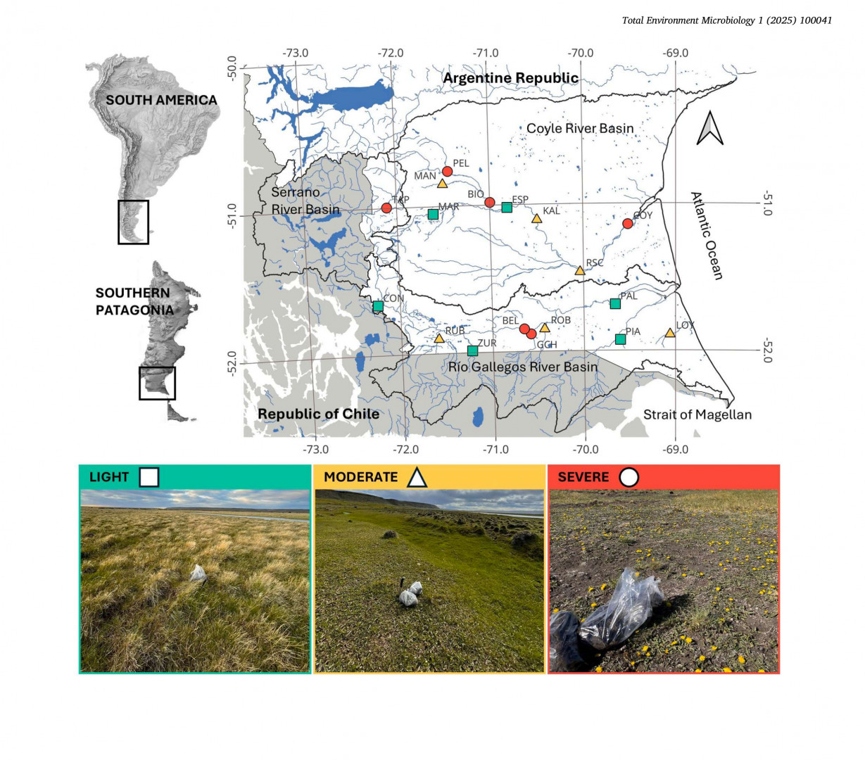 Ubicación de los dieciocho sitios de mallines utilizados para evaluar las presiones diferenciales de pastoreo de largo plazo en humedales. Los sitios se clasifican según su estado de degradación: Leve (n = 6 sitios, cuadrados y verde), Moderado (n = 6 sitios, triángulos y amarillo) y Severo (n = 6 sitios, círculos y rojo) en la Patagonia Austral, Argentina. Mapa