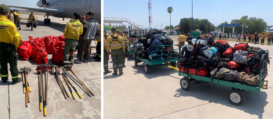 Brigadistas y bomberos junto a sus bolsos antes de ser embarcados en la aeronave de la Fuerza Aérea Argentina