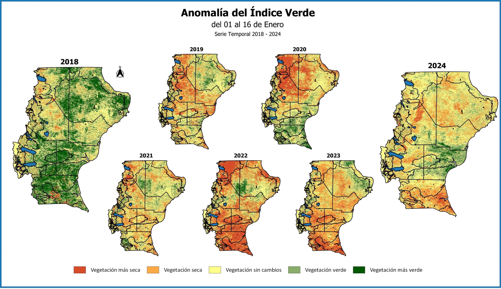 Mapas de Anomalía del NDVI. Serie temporal para la primera quincena del mes de enero para los años 2018 a 2024