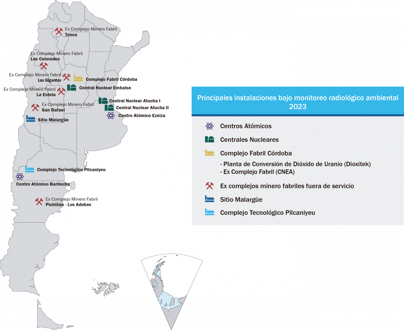 Mapa principales instalaciones bajo monitoreo radiológico ambiental 2023