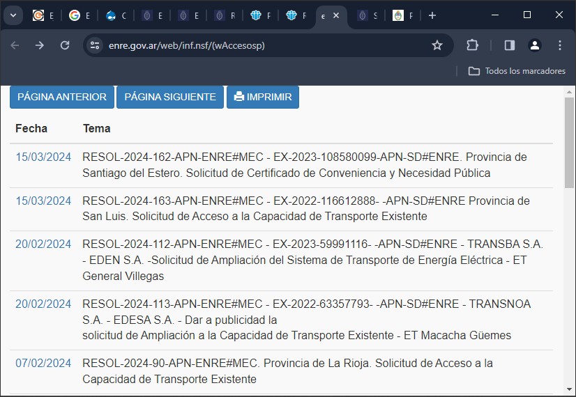 Vista de Resoluciones relativas a accesos y ampliaciones.