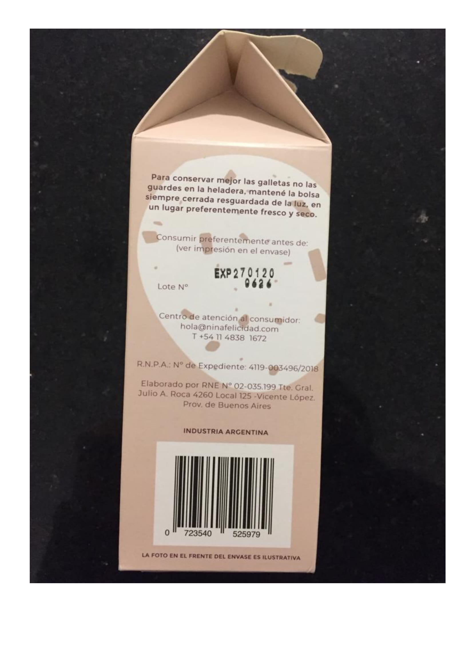 Rótulo del producto marca NINA