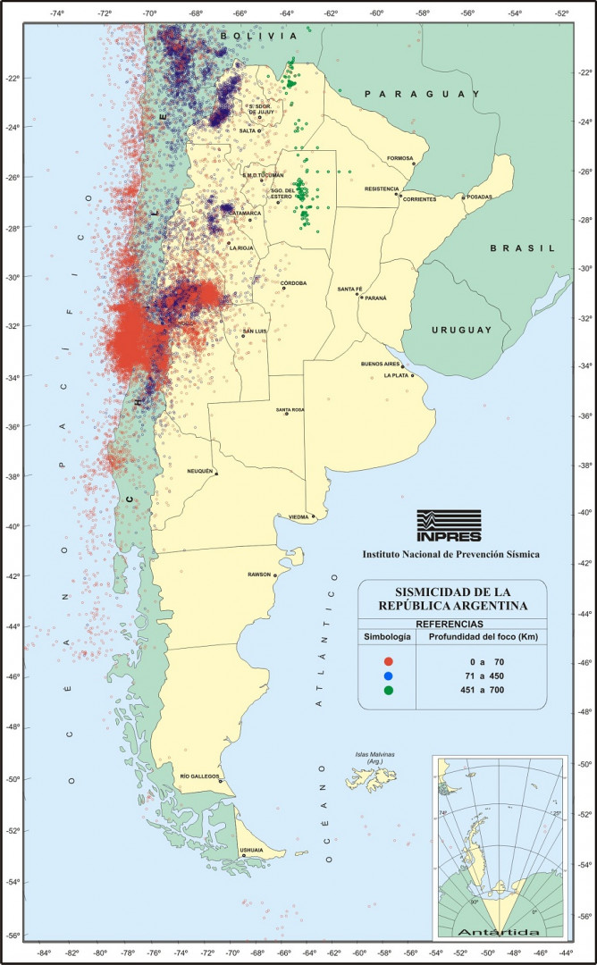 Mapa de sismicidad en la Argentina