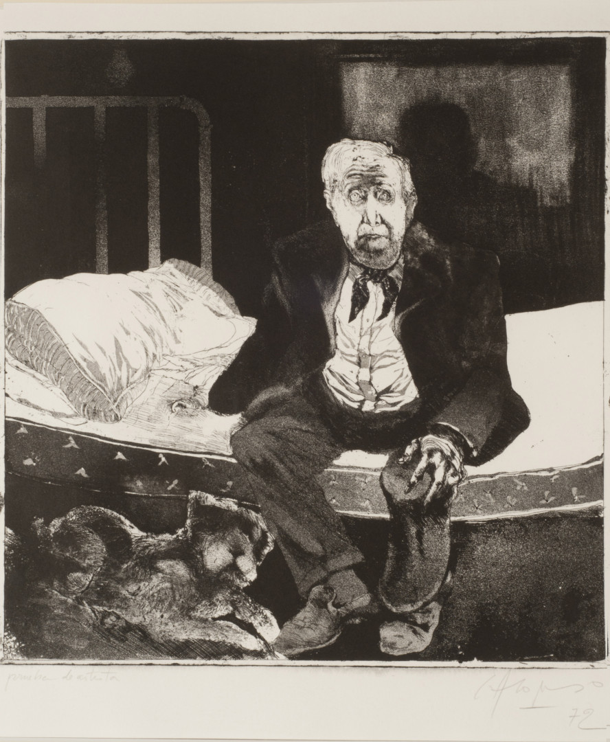 "Retrato de Lino Enea Spilimbergo", de Carlos Alonso. Aguafuerte (1974). Retrato en blanco y negro, con un hombre mayor sentado sobre una cama.