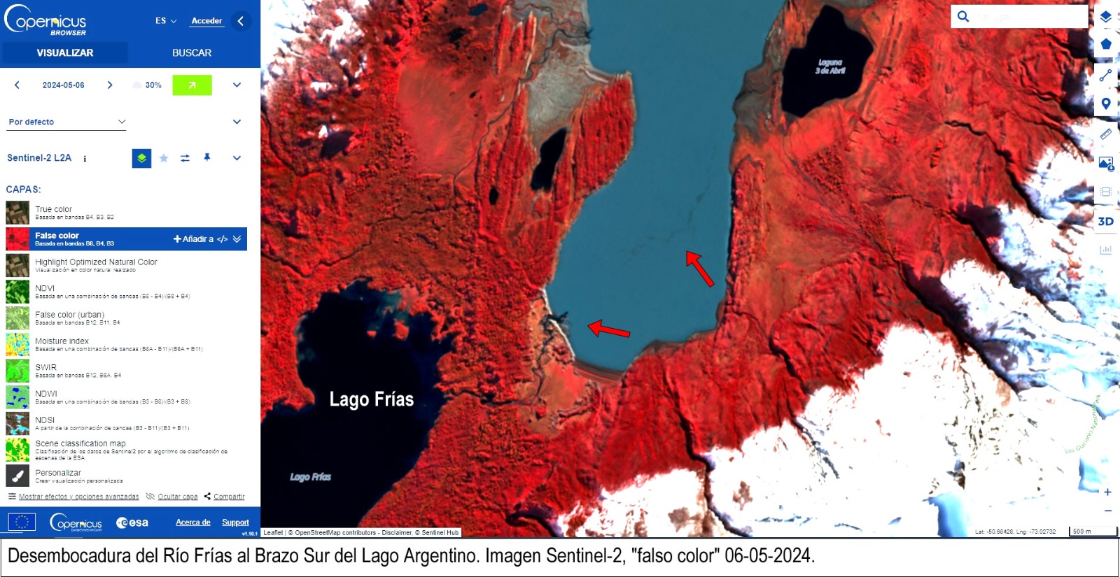 Imagen satelital como parte del análisis de situación en el PN Los Glaciares